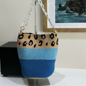 Chic Leopard and Blue Crochet Shoulder Bag